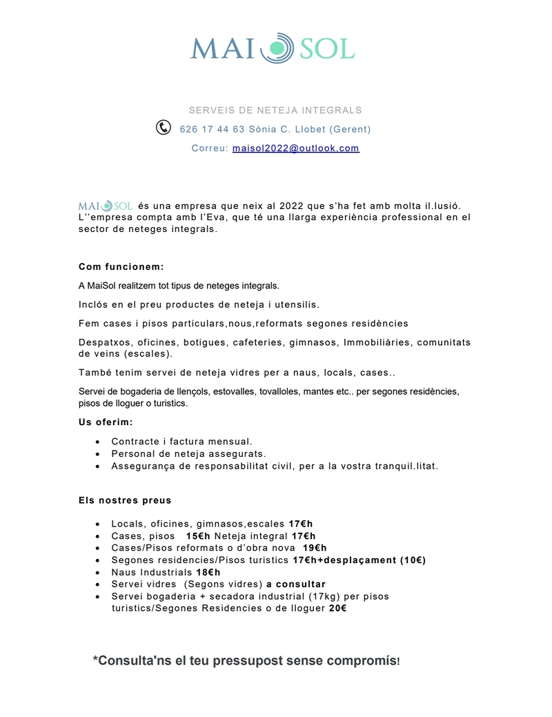 Neteges Integrals MaiSol ASISTENCIA A DOMICILIO: SERVICIOS PRIVADOS